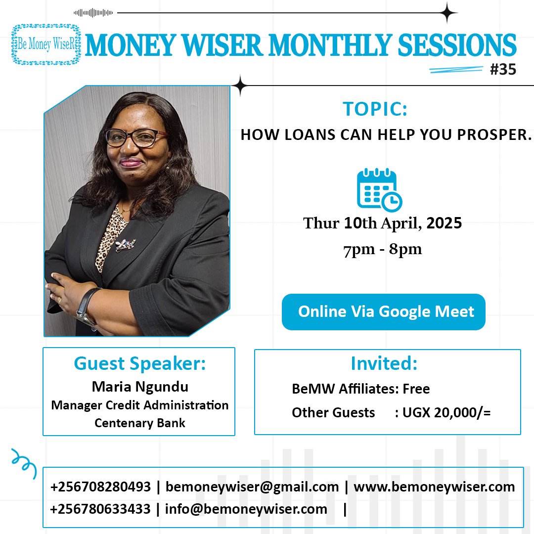 *BeMW Money Wiser Monthly Session #35*

*Topic* : How loans can help you prosper💸💰

*When*: 📢Thursday 10th April 2025

*Time* : 🕖7pm - 8pm

*Joining Link*: meet.google.com/xia-jixo-ggq