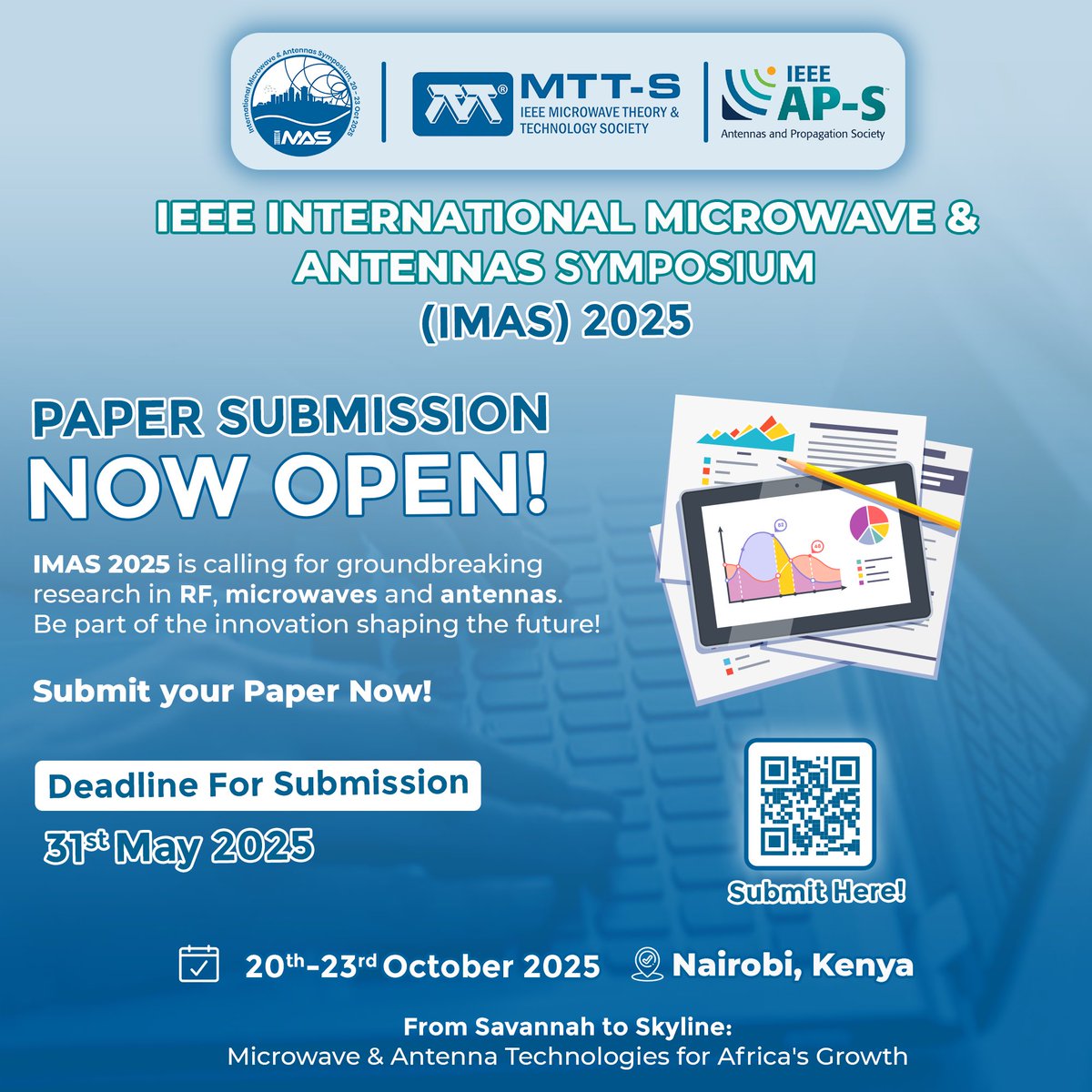 IEEE IMAS 2025 is calling for groundbreaking research in RF, microwaves, and antennas. Paper submissions are now open, with a deadline of May 31st, 2025. The symposium will be held in Nairobi, Kenya, from October 20th-23rd, 2025. Submit papers now to be part of the innovation🥳