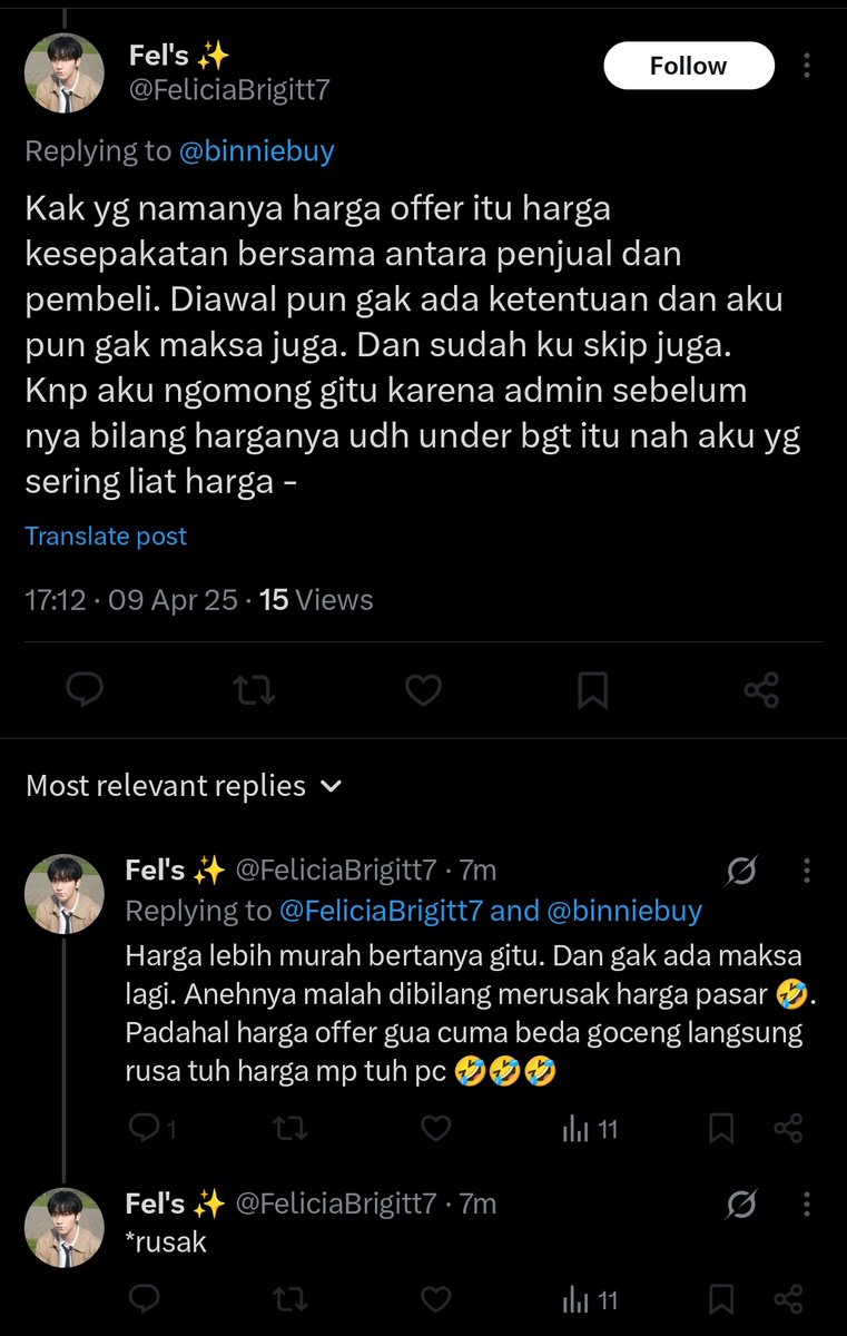 binniebuy's tweet photo. @FeliciaBrigitt7 kocag, lu reply gue tapi gue diblock. mau debat mah hayuk, ga usah acara ngeblock. kata gue mah lu berobat dah. sekali lagi, yang dipermasalahin itu LU NYAMAIN HARGA KR SAMA INA, BUKAN MASALAH SKAP SKIP OFFERAN. kocak. ih belajar baca lagi deh kata gue mah. https://t.co/OfS3f14MNy