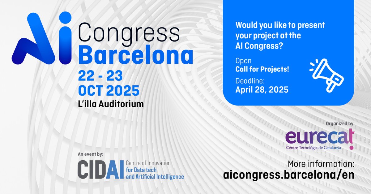 📢 The #Call4Projects and speaker #proposals for #AICongress25 is now open! The event will take place on October 22 and 23 in #Barcelona!

🧠 The AI Congress is the leading conference on #AI applications in the business sector. It brings together tech trends, inspiring success