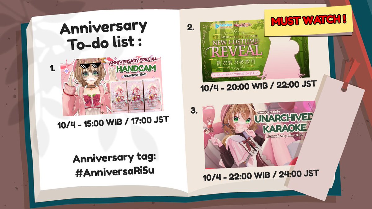 HEWRRROOOOOO ~!!!!
Ayunda Risu 5th Year Anniversary is here ~!!
We're gonna do a lot of fun stuff that day !!
Check it out here for all the Anniversary Special Activities ✨✨✨✨✨

Anniversary Tag : #AnniversaRi5u