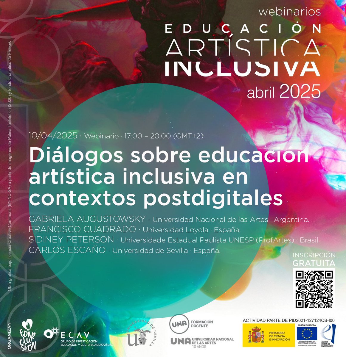 Mañana 10 de abril 17:00-20:00 (GMT+2), exploraremos la educación artística inclusiva en contextos postdigitales con expertos internacionales: Gabriela Augustowsky, Francisco Cuadrado, Sidiney Peterson y Carlos Escaño. Info acortar.link/C0DdTT.
 #EDARCLUSION #Webinario