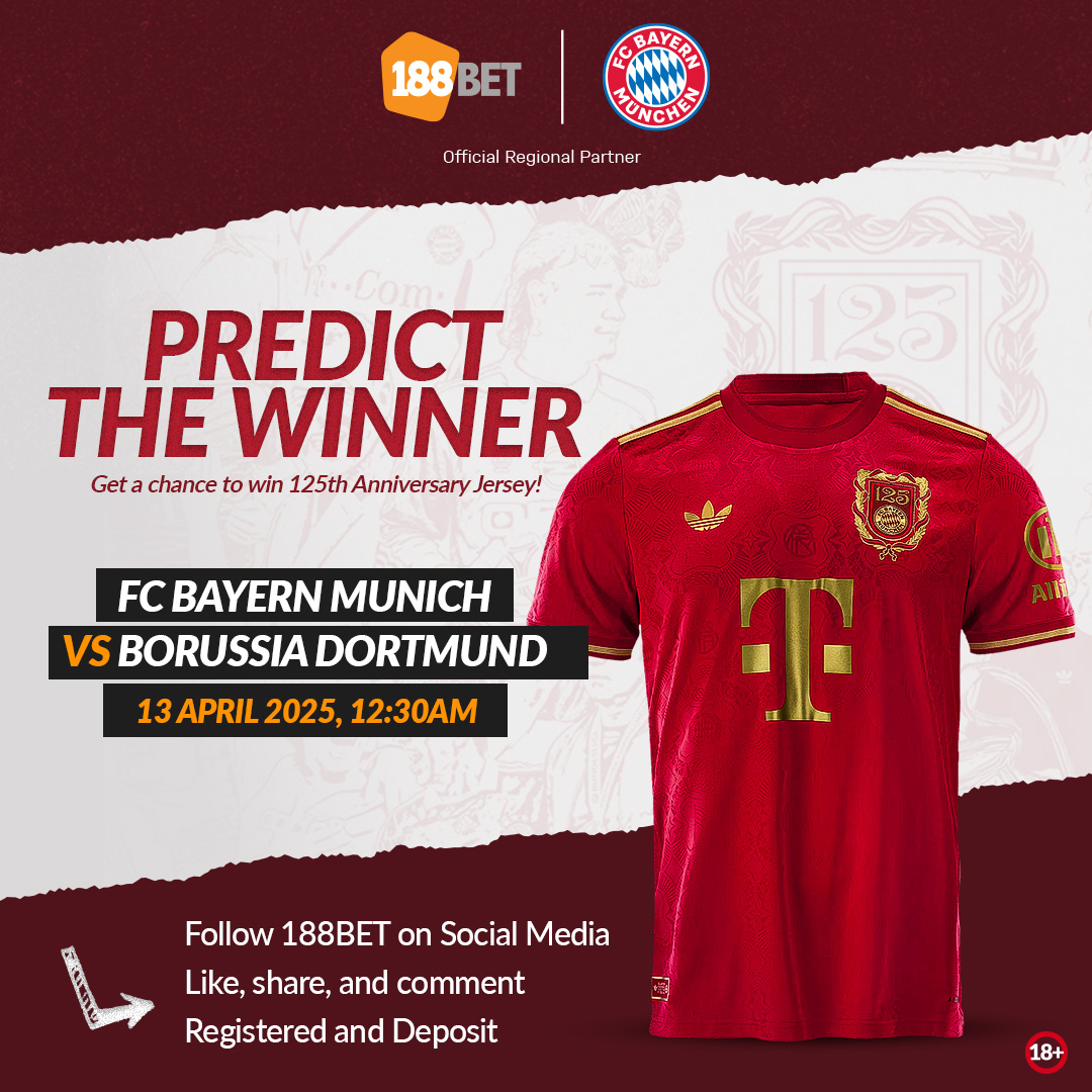👕 JERSEY GIVEAWAY! 👕

How to Join:
- Follow <a href="/188Bet/">188BET</a> 
- Like, Share and Comment your favorite Team
- Deposit USD 20 during the promo period

T&amp;C:
- Complete all the steps to be eligible.
- 📅 9 - 12 Apr 
- 🎁4 lucky winners will be announced on 16 April 2025