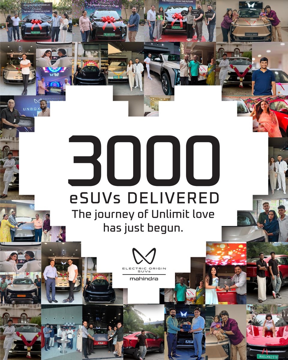 mahindraesuvs's tweet photo. 3000 Deliveries, Countless Stories, One Vision - #UnlimitLove!

#UnlimitIndia #MahindraElectricOriginSUVs #MahindraAuto #BE6Delivered #XEV9eDelivered https://t.co/HRj47QOScB