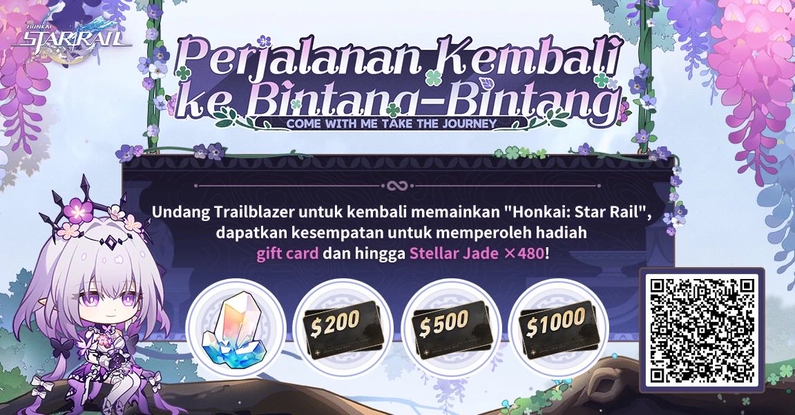 Trailblazer yang Kembali dapat menghubungkan kode undangan dan log in ke game untuk memenangkan Stellar Jade, Gift Card, dan hadiah kejutan lainnya!