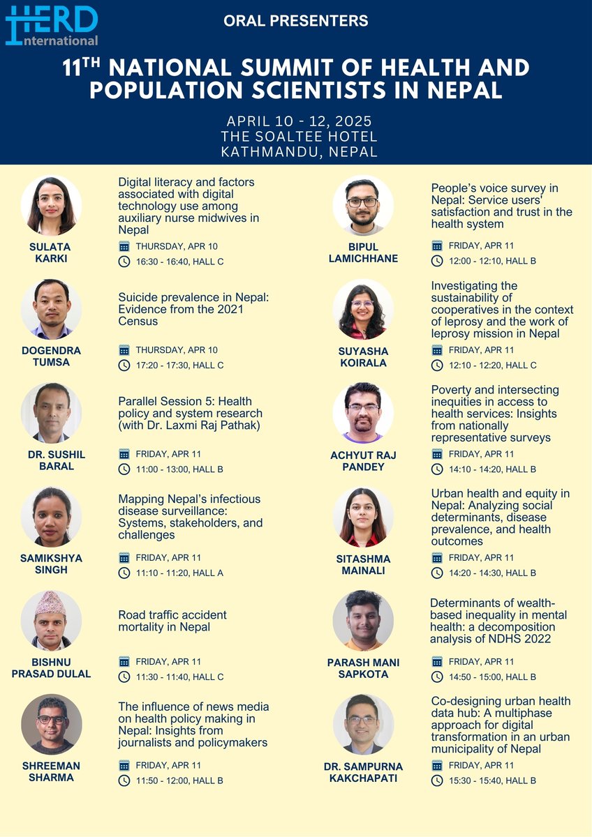 HERDIntl's tweet photo. Our researchers—committed to creating impact through evidence—are presenting at the 11th National Summit of Health and Population Scientists in Nepal, organized by the Nepal Health Research Council.
📍Join our sessions and be part of the conversation! https://t.co/2f6SbPI26N