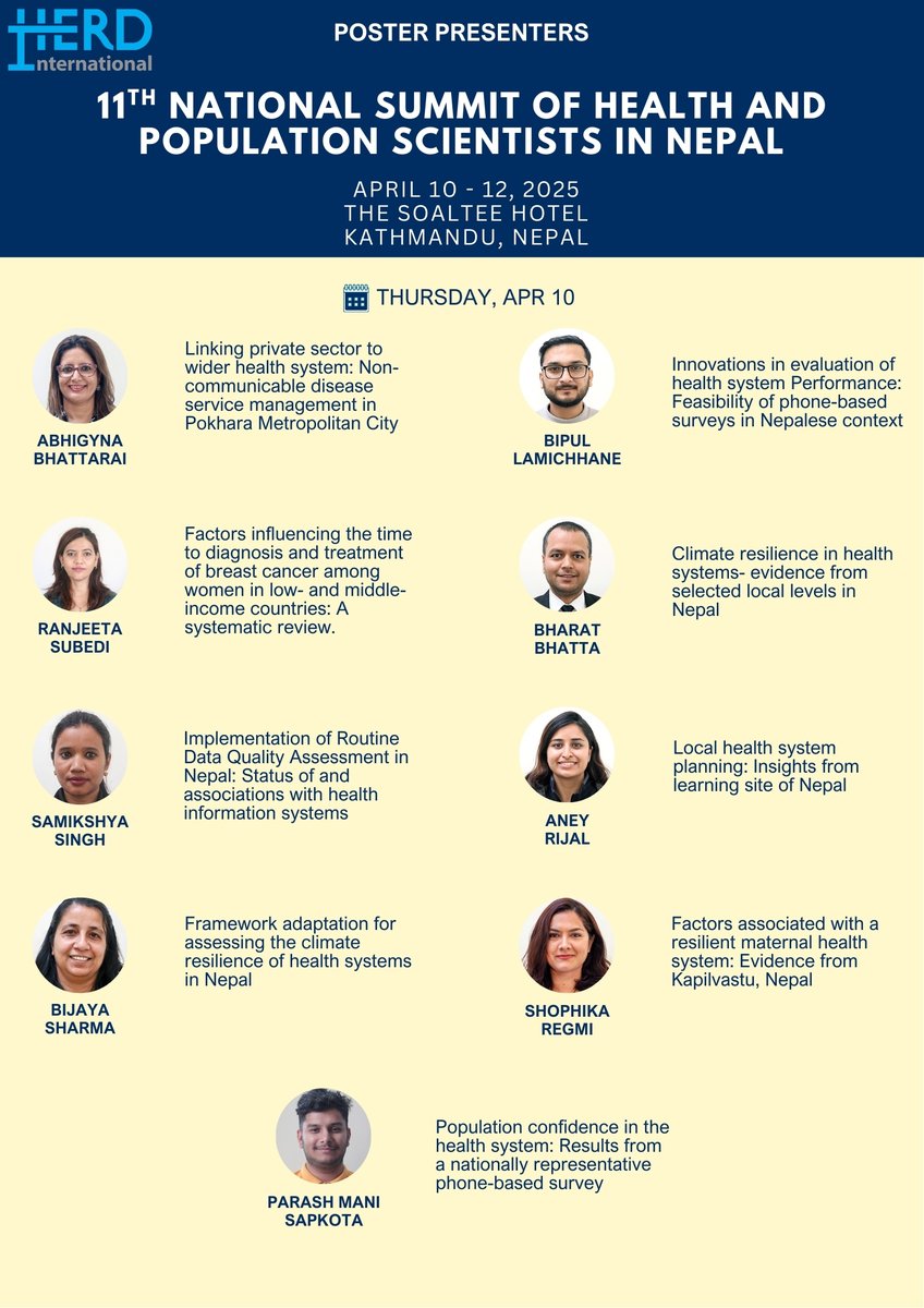 HERDIntl's tweet photo. Our researchers—committed to creating impact through evidence—are presenting at the 11th National Summit of Health and Population Scientists in Nepal, organized by the Nepal Health Research Council.
📍Join our sessions and be part of the conversation! https://t.co/2f6SbPI26N