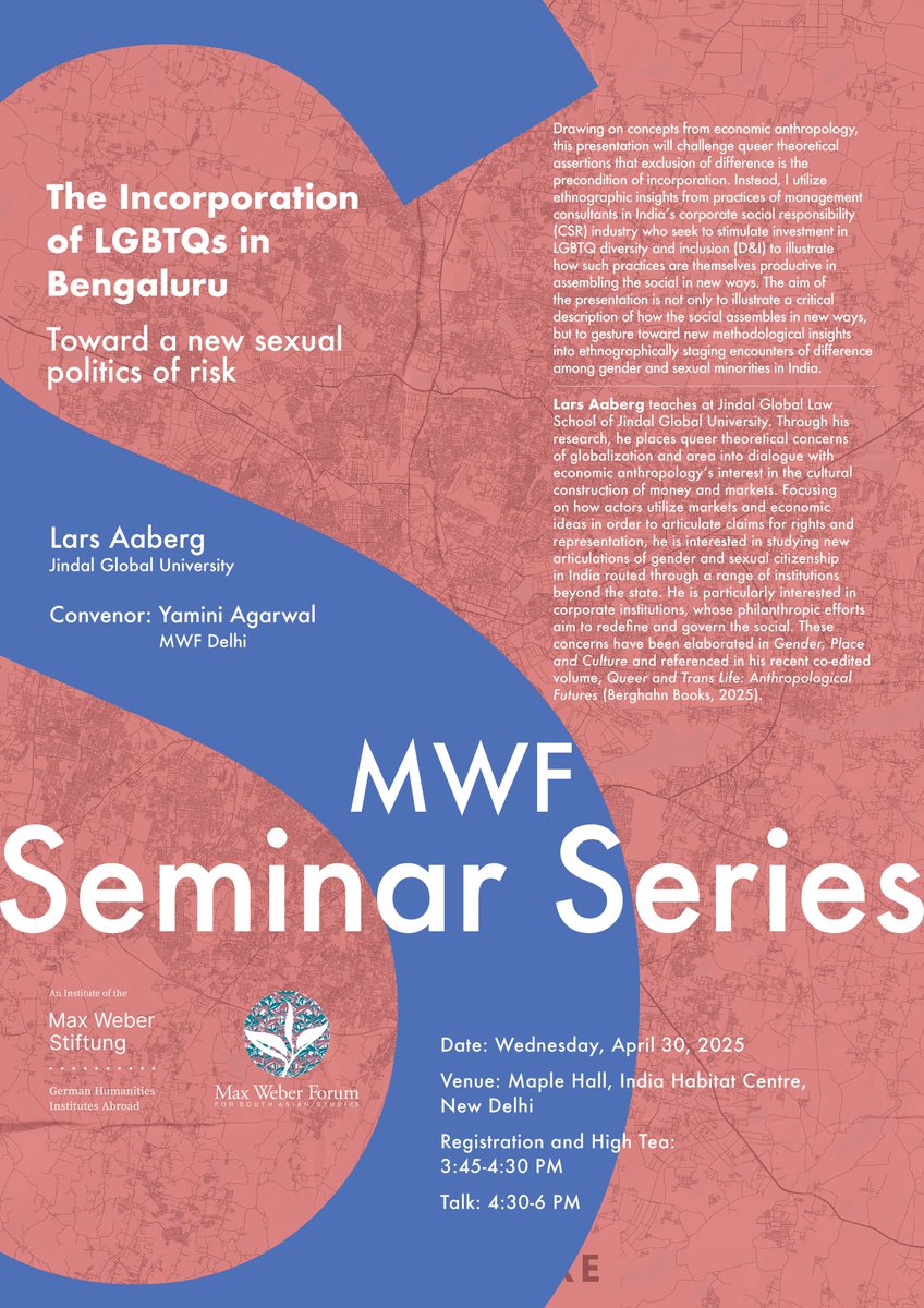 Interested in a #talk on the Incorporation of #LGBTQs in Bengaluru? 
By Lars Aaberg <a href="/JindalGlobalUNI/">JGU</a>
🗓️Wednesday, 30 April, 2025 
⏲️4:30-6:00 pm
At Maple Hall, India Habit at Centre, New Delhi
Register by sending an email to events@mwsindia.org by Friday, 25 April 2025