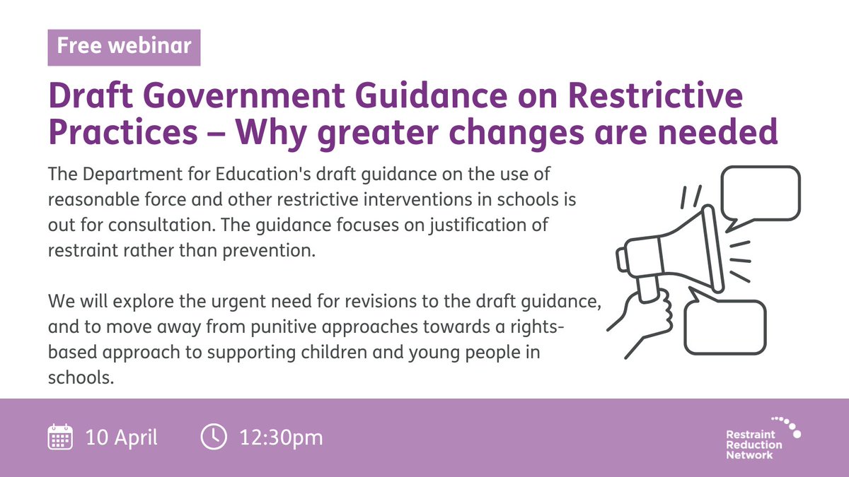 Register to join us at lunchtime tomorrow for the next FREE RRN webinar: restraintreductionnetwork.org/RRNEdGu

We will be looking at the draft government guidance on restraint in schools and the changes that urgently need to be made to it.