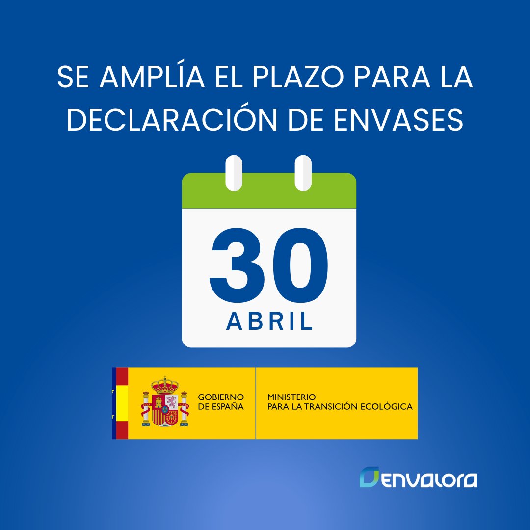 Envalora (@envalora_es) on Twitter photo ⚠️ El <a href="/mitecogob/">Transición Ecológica y Reto Demográfico</a> ha ampliado el plazo para la presentación de la declaración de #envases puestos en el mercado durante el año 2024.
El plazo finalizaba el 18 de abril de 2025, pero se ha extendido hasta el 30 de abril de 2025
ℹ️ Toda la info: lnkd.in/dxfar9p2 ⚠️ El <a href="/mitecogob/">Transición Ecológica y Reto Demográfico</a> ha ampliado el plazo para la presentación de la declaración de #envases puestos en el mercado durante el año 2024.
El plazo finalizaba el 18 de abril de 2025, pero se ha extendido hasta el 30 de abril de 2025
ℹ️ Toda la info: lnkd.in/dxfar9p2