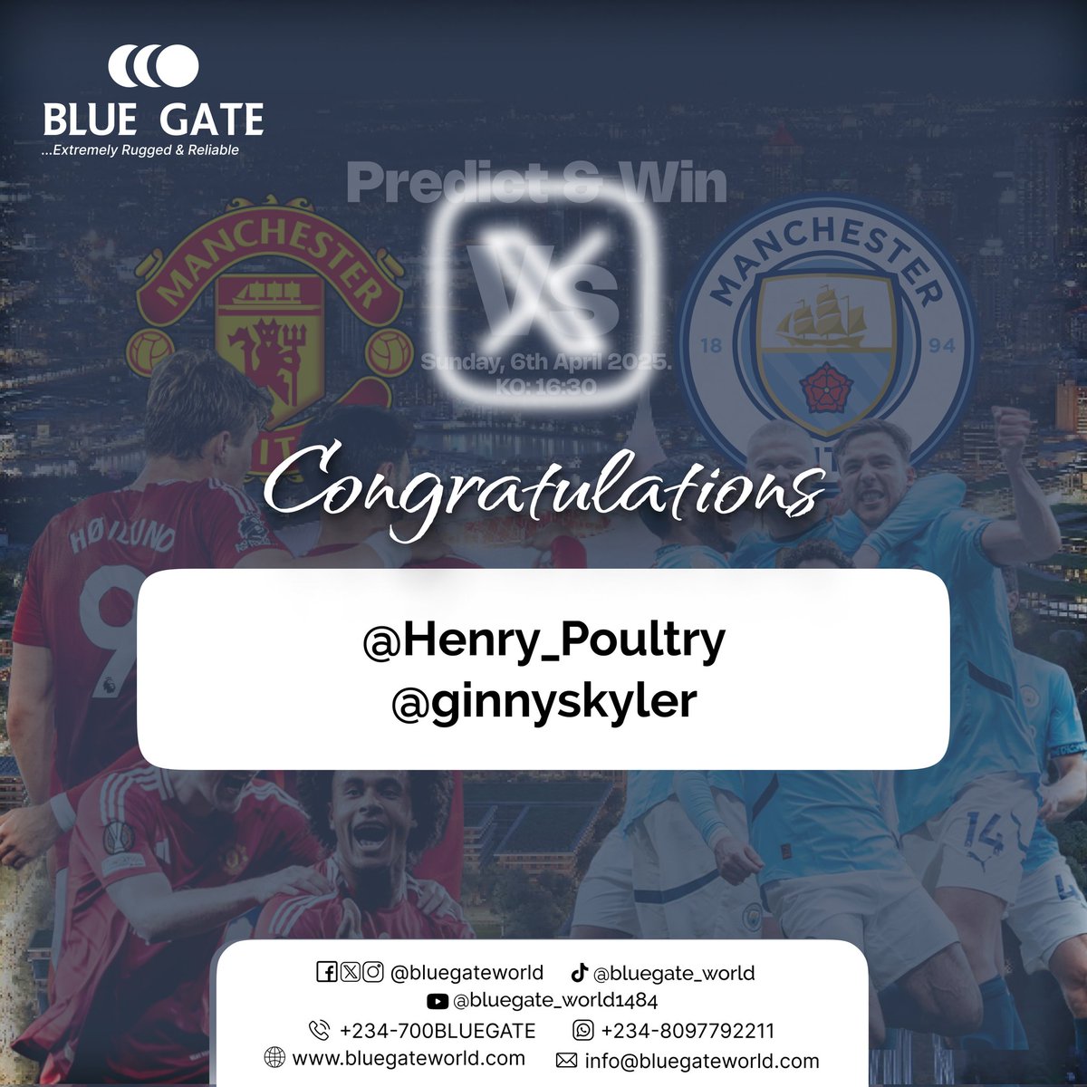 bluegateworld's tweet photo. Congratulations!

1. @Henry_Poultry
2. @ginnyskyler

Your predictions for the ManUtd vs. ManCity match were spot on, and you have earned yourself a prize from BLUE GATE!

Kindly send us a DM to claim your prizes!

#BLUEGATE #TwoRandomWinners #PredictandWin https://t.co/bcVeiV2ZZK