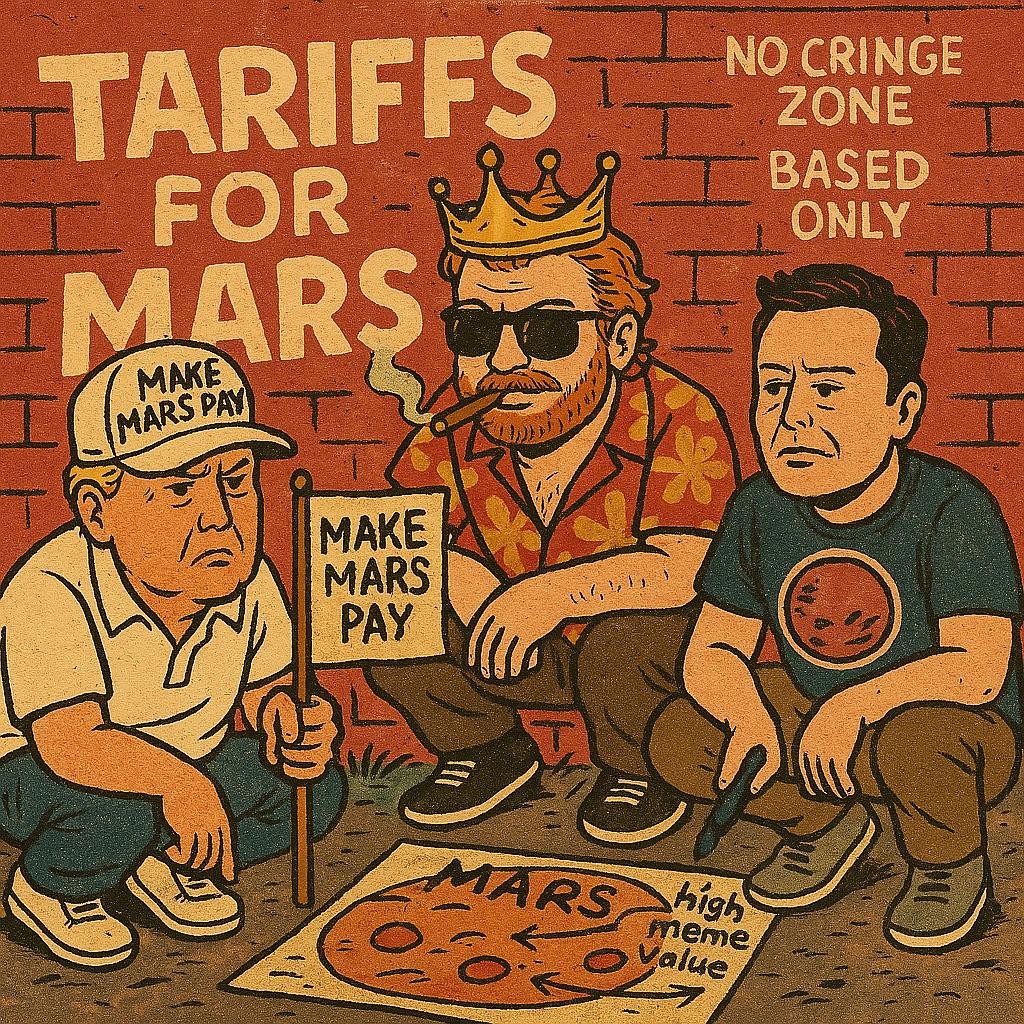 KingArthur_Coin's tweet photo. Trump: “Let’s hit Mars with tariffs and tweets.”
Musk: “I’ll handle the satellites.”
Arthur: “And I’ll handle the punchlines.”
#ArthurSaid
#MemeDiplomacy
#BasedPolitics
#MEMES
#TrumpTariffs https://t.co/IxenyqqFKp