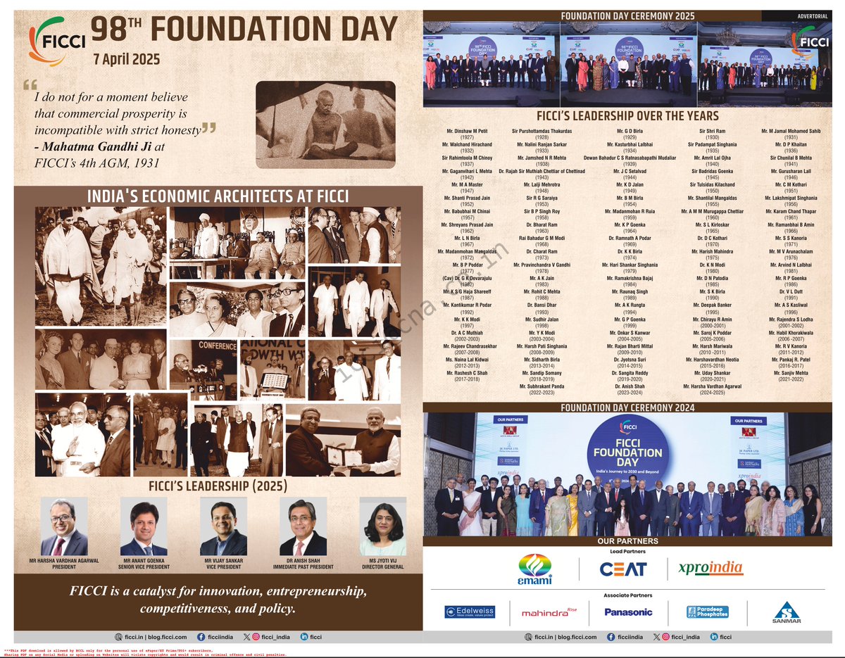 ficci_india's tweet photo. FICCI celebrated its 98th Foundation Day on 7 April. As we honour our legacy, we remain inspired by Mahatma Gandhi’s statement from our 4th AGM: ‘Commercial prosperity is not incompatible with strict honesty.’ From our founding visionaries to today’s leaders, we continue our commitment to innovation, entrepreneurship, competitiveness, and policy excellence.
