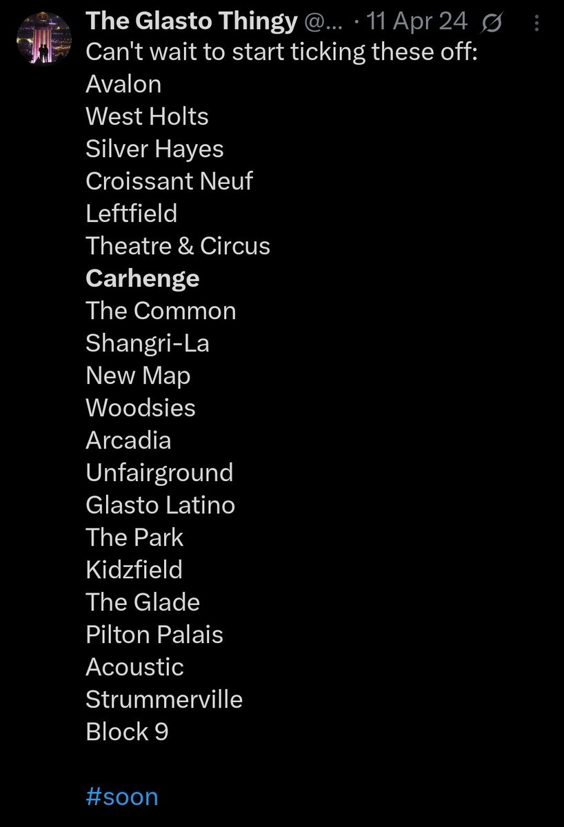TheGlastoThingy's tweet photo. I think I've found where the list comes from.
It's 2023 order but with Acoustic thrown to the top, and smaller ones taken out.
This does though confirm #ThereIsNoPattern as Acoustic broke it. https://t.co/pR5Oi9sE1G