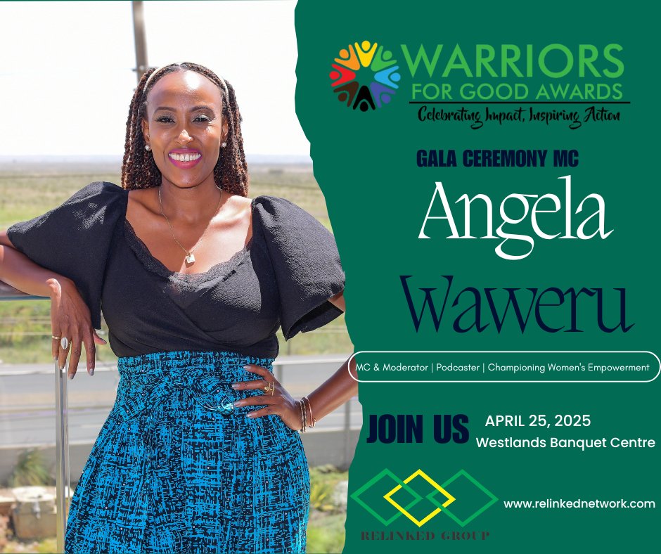 RelinkedGroup's tweet photo. Get ready for an inspiring gala with #WarriorsForGoodAwards MC: @lushangela_!
She's a passionate about tech, climate, health & women’s empowerment; Founder Heels4Pad & SisterSpeaksGlobal, advocate for menstrual equity & girls' rights; co-host #OVAReact podcast @CapitalFMKenya https://t.co/up9tIZcEhq