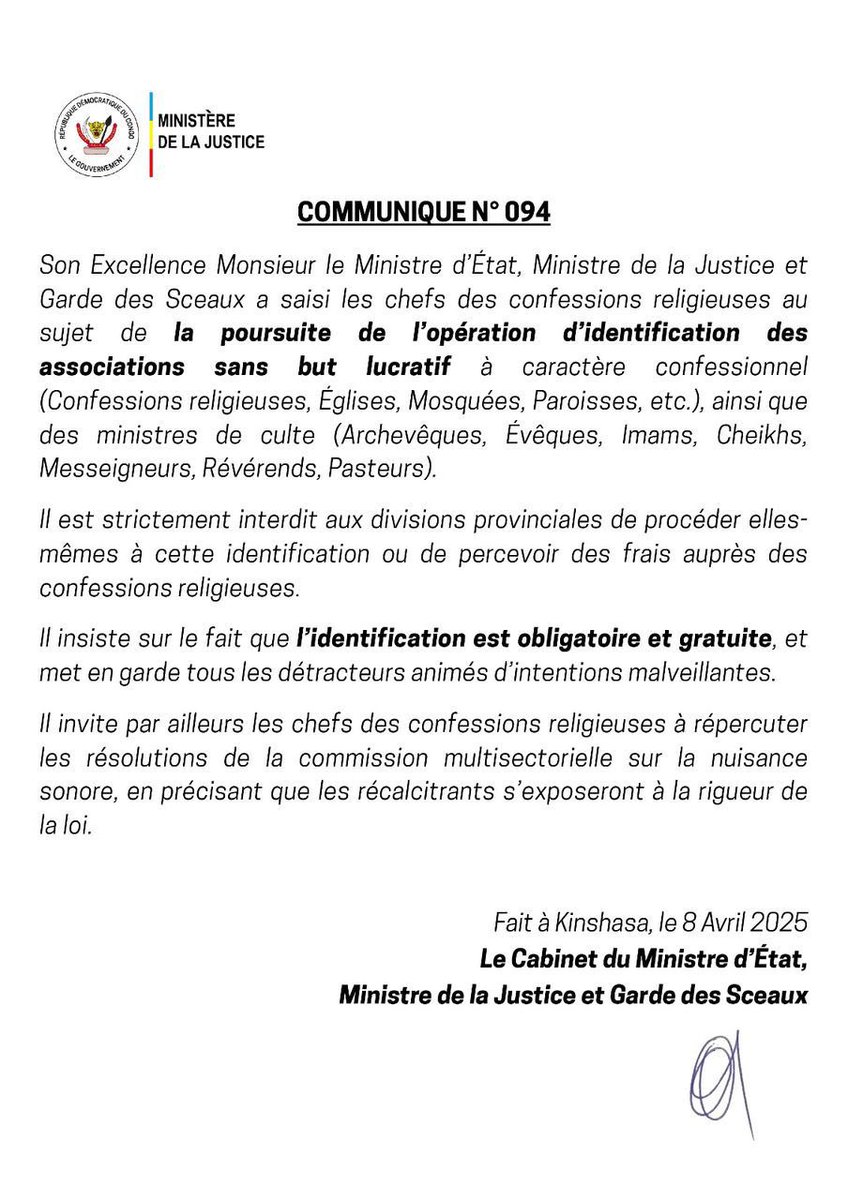 Magrdcmonde's tweet image. Le ministre de la Justice de la #ConstantMutamba a récemment émis un communiqué interdisant aux divisions provinciales de procéder à l'identification des associations sans but lucratif à caractère confessionnel.