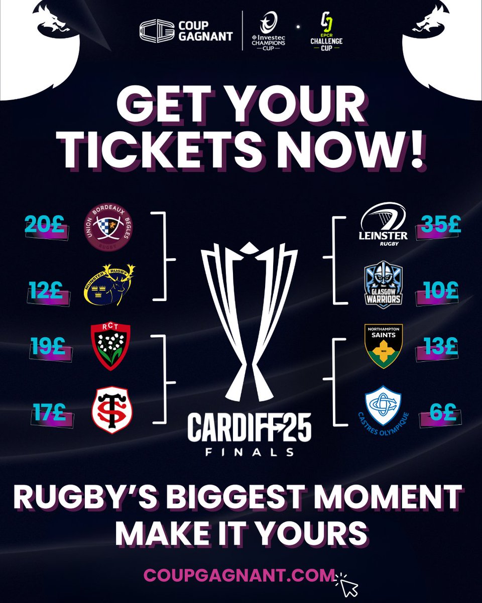 Prices Updated for the Champions Cup Quarter-Finals!

Ticket prices have just been updated on Coup Gagnant. Check them out and grab your Final tickets now! 🎟️
No regrets, be in the stands 🔥

All Rules &amp; info - Link in bio 🔗