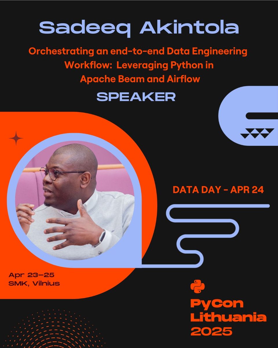 SadeeqAkintola's tweet photo. Get ready #Vilnius! Thrilled to speak @ #PyConLT2025🎉! Really loved the event as an attendee last year🤩
This year, I'll be hosting a workshop on Python Data Pipelines w/ @ApacheBeam & @ApacheAirflow on @googlecloud.
Hands-on & Beginner welcome! https://t.co/CqFzxA5HXd @PyConLT https://t.co/zcq4hZNUJx