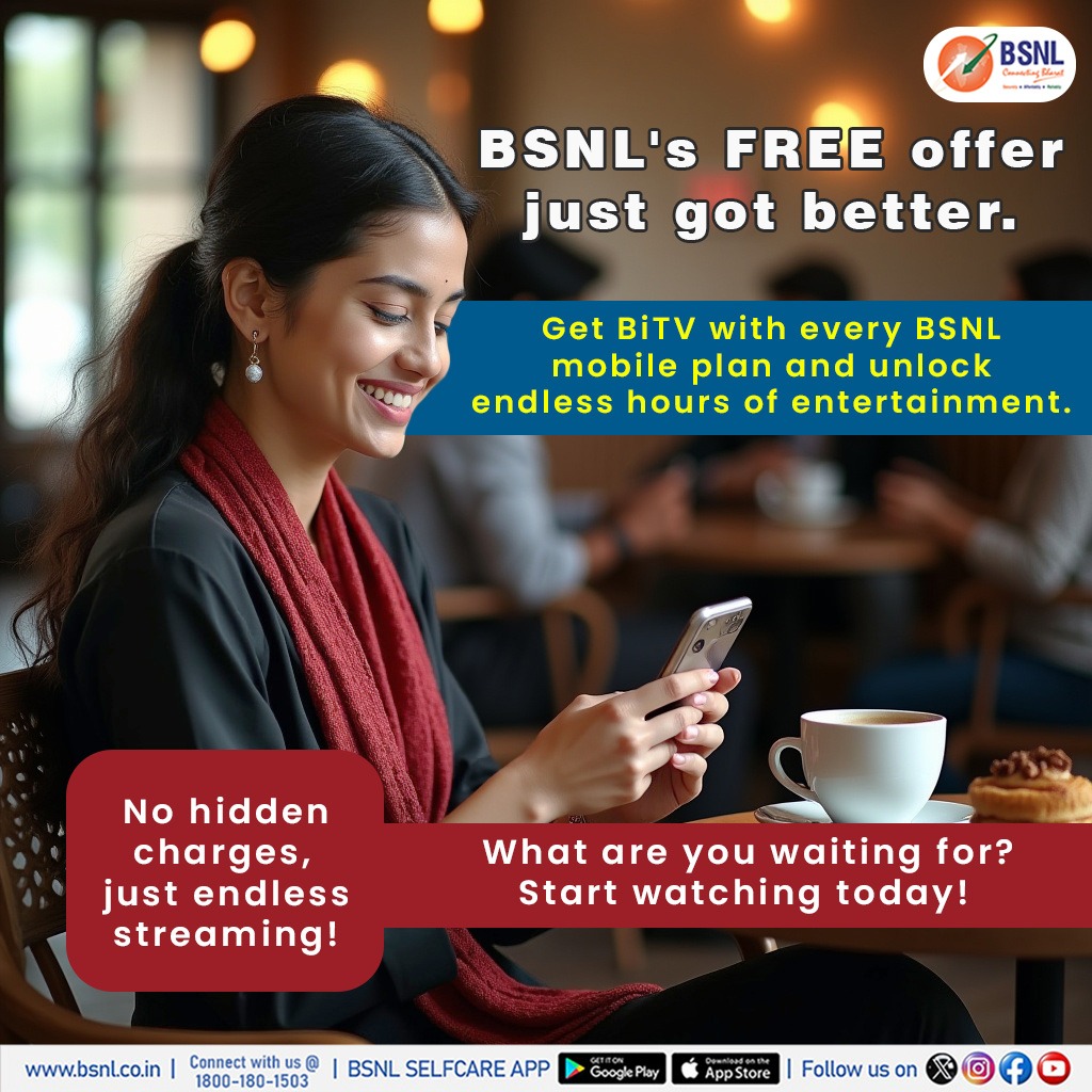 Just Hit Play and Relax!
Enjoy unlimited streaming on BiTV, 
No extra cost, No hidden charges. Entertainment comes free with your BSNL plan! 

#BSNL #FreeStreaming #BiTV #BSNLIndia #ConnectingBharat #ConnectingWithCare