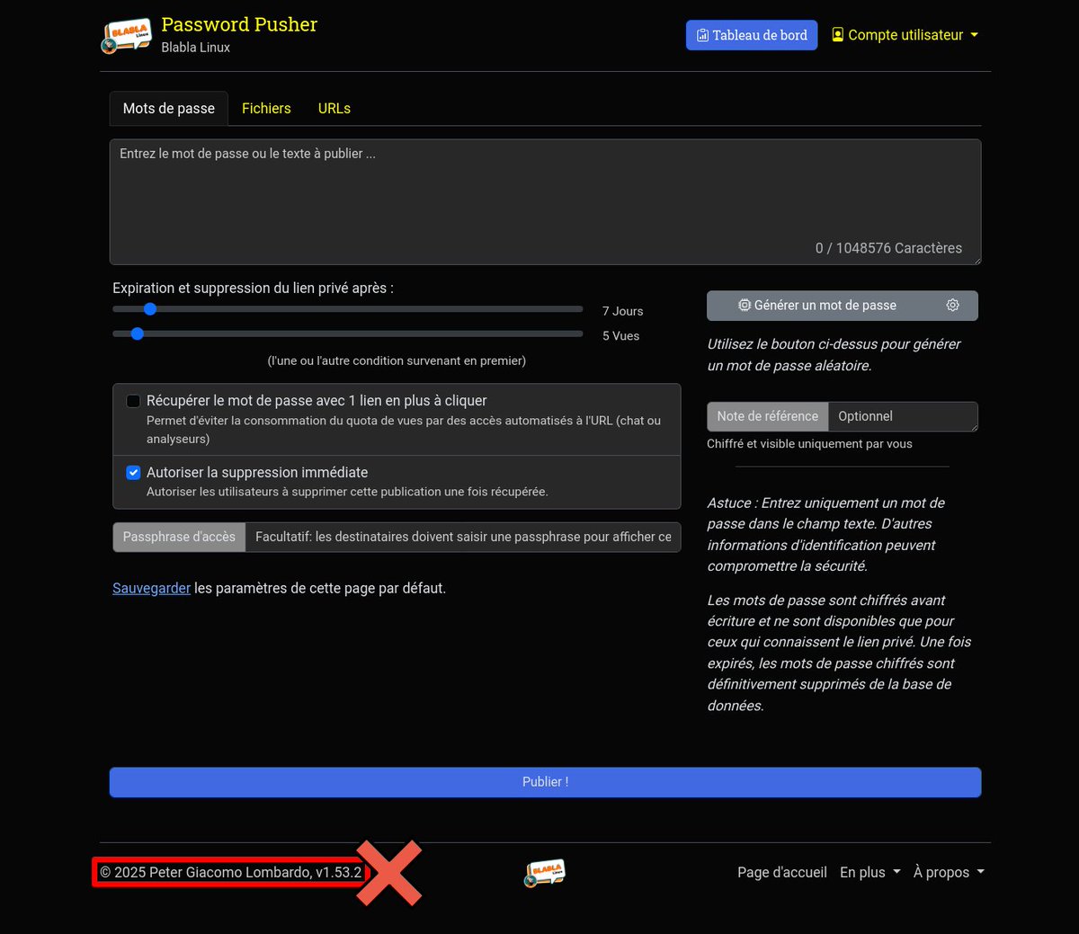 BlablaLinux's tweet photo. #PwPush (Password Pusher) Blabla Linux passe en version 1.53.3 👌
➡️ https://t.co/dXxyWdm6x6
➡️ https://t.co/FBvnQRDnFY https://t.co/DIylhyKlQ4