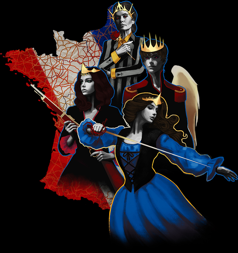 Publishing69416's tweet photo. The Second Inquisition left France scarred, but from ruin, beauty rises. Four Toreador monarchs don the regalia of old to forge a new vision. The Courts of Love reign and in their design, there will be only beauty. #VTM  #Toreador #CourtOfLove #WorldOfDarkness #TTRPG #France https://t.co/kJWP3aOqF8