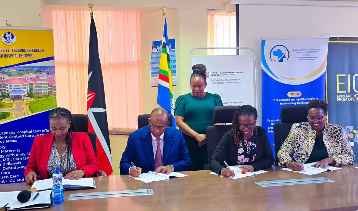 NCKenya's tweet photo. Earlier, Health CS Hon. Aden Duale led the 2024/2025 performance contract signing, emphasizing integrity and timely service. Present were NCKs' Chair @DrENdirangu CEO @ListerOnsongo &amp; Council  member @Teckla3 
#Accountability #HealthForAll https://t.co/SZbRSiMMx1