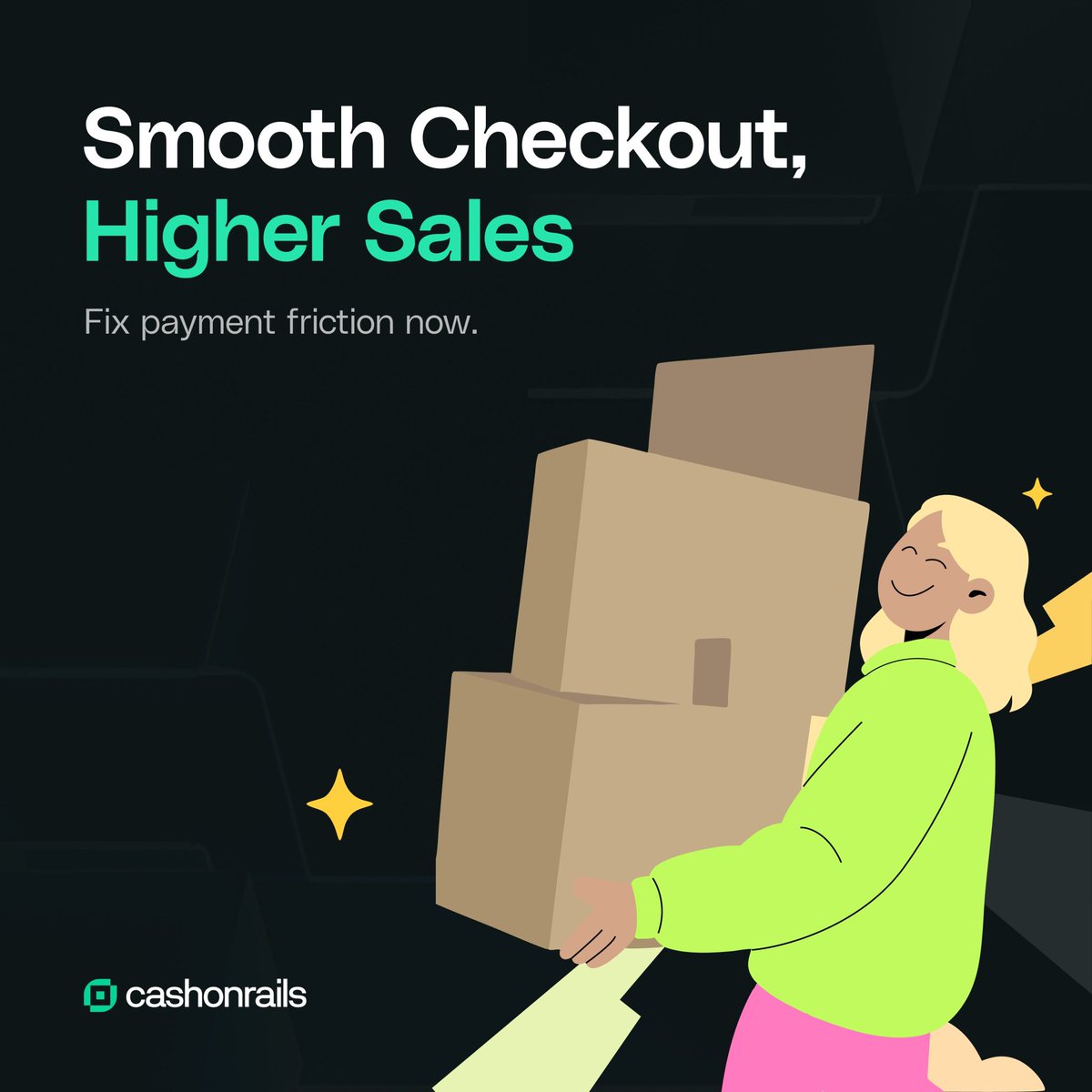 cashonrails's tweet photo. Smooth checkout = higher sales. Fix payment friction with Cashonrails. https://t.co/SttmxGLrHw