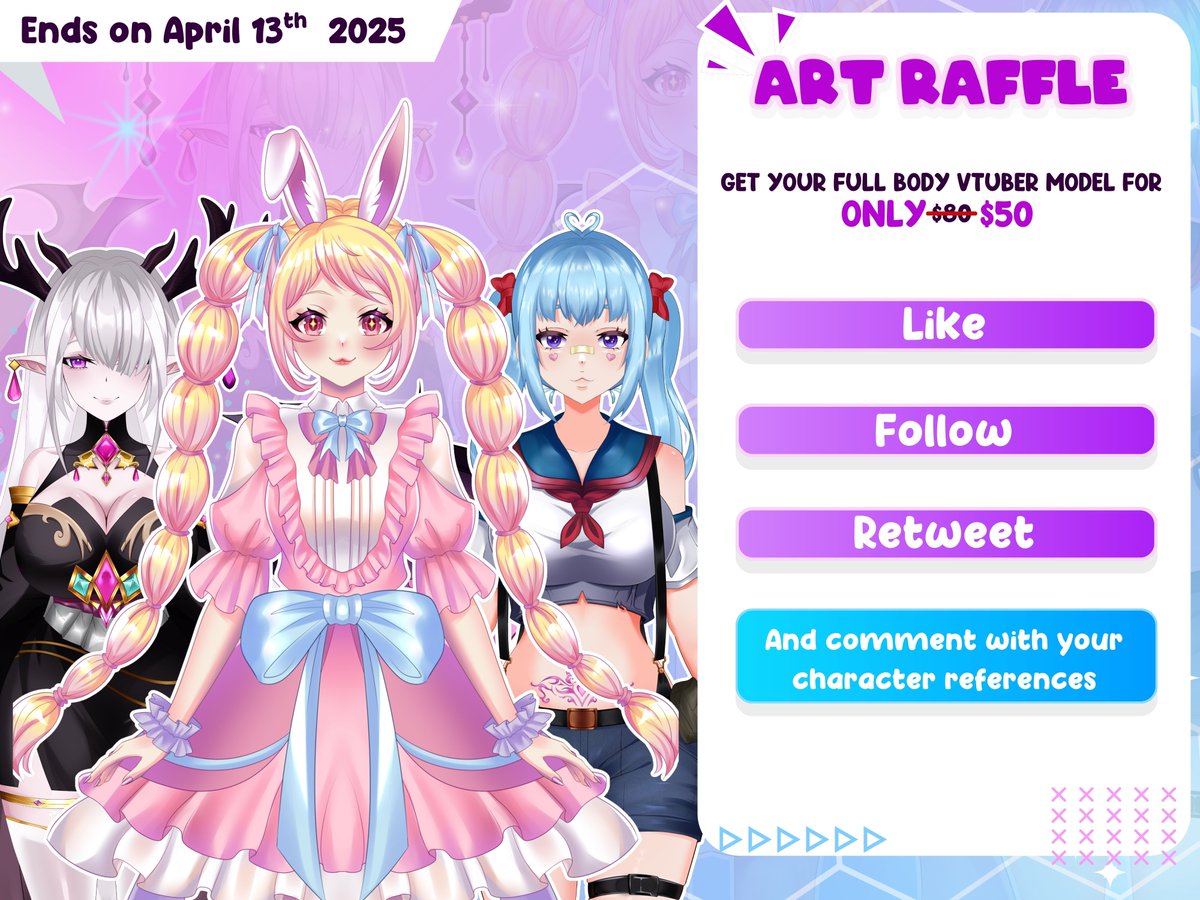 YuikaYuiKawaii's tweet photo. Hosting my first Vtuber art raffle to help indie Vtubers!
🌸Follow
🌸♡ & ↻ this post
🌸then drop your OC ref in the comments!
Ends April 13, 2025. Good luck!
#raffle #artraffle #vtuberraffle #live2draffle #giveaway #artgiveaway #Live2D https://t.co/8xMiJg2BBw