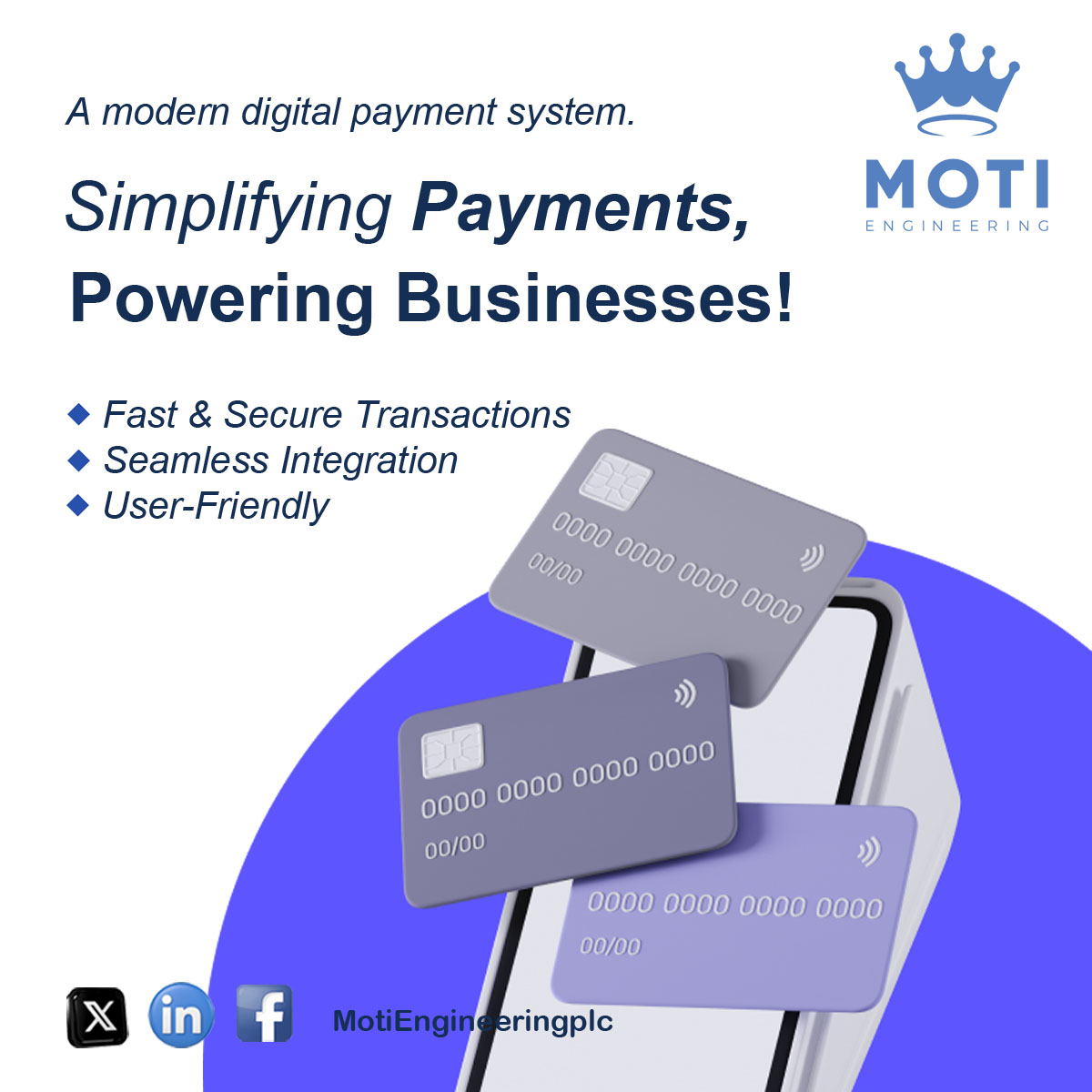 MotiEngineering's tweet photo. Effortless transactions are key to business success! At Moti Engineering, we specialize in innovative payment solutions that make transactions faster, safer, and more reliable.

#EffortlessTransactions #PaymentSolutions #FintechEthiopia  #SecurePayments #MotiEngineering #IT https://t.co/ZlKo1YdHpN