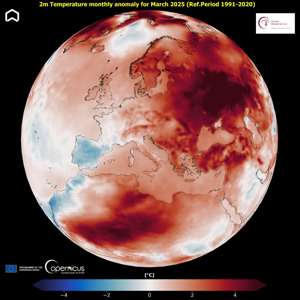 ADAM Platform (@platformadam) on Twitter photo Hot March! The last month was the warmest March ever recorded in #Europe.
According to <a href="/CopernicusECMWF/">Copernicus ECMWF</a> ERA5 the average air temperature over Europe was 2.41°C above the reference period.
Only the #iberianpeninsula was colder than the average temperature. #climateemergency Hot March! The last month was the warmest March ever recorded in #Europe.
According to <a href="/CopernicusECMWF/">Copernicus ECMWF</a> ERA5 the average air temperature over Europe was 2.41°C above the reference period.
Only the #iberianpeninsula was colder than the average temperature. #climateemergency