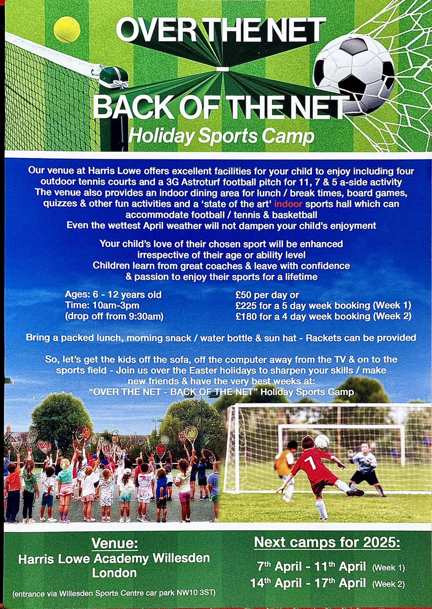 Still spaces available for half term in April . Football and tennis fun for 6-12 year olds at the Harris Lowe Academy in Willesden. Don't miss out on booking a place for your child!! Click on the link below to book a place ⚽️⚽️ 
overthenet-backofthenet.com