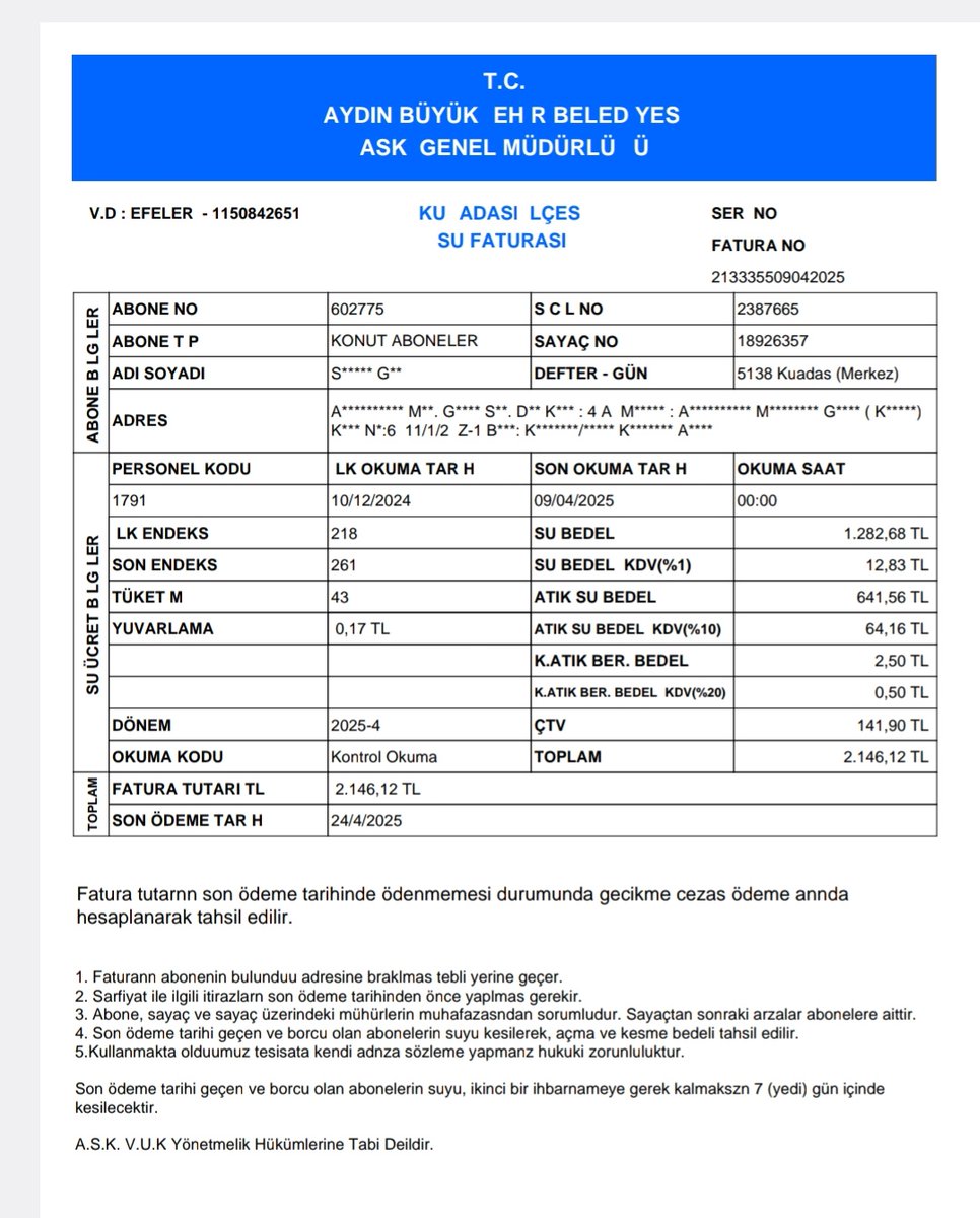Yer Aydın 
Su faturası.
Ihtıyaç sahibi bir ailemizin.

Toplam borc 7 Bin tl nin üstünde.