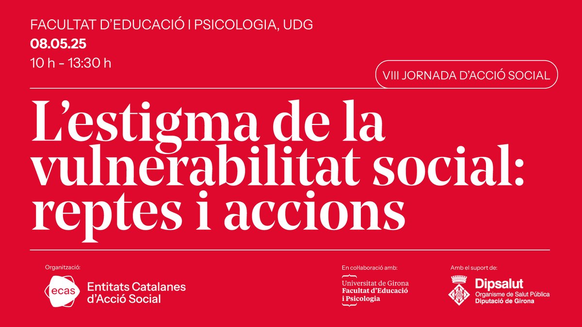 ECAS - Entitats Catalanes d'Acció Social (@ecasacciosocial) on Twitter photo ➡️Ja és aquí la VIII Jornada d'Acció Social!
‘L’estigma de la vulnerabilitat social: reptes i accions’
Experiències professionals i vivencials i l’expertesa acadèmica per parlar sobre l'estigma cap a col·lectius vulnerables.
🗓️8/5, 10h
📍<a href="/univgirona/">Universitat de Girona</a>
✍️bit.ly/4lkTqls ➡️Ja és aquí la VIII Jornada d'Acció Social!
‘L’estigma de la vulnerabilitat social: reptes i accions’
Experiències professionals i vivencials i l’expertesa acadèmica per parlar sobre l'estigma cap a col·lectius vulnerables.
🗓️8/5, 10h
📍<a href="/univgirona/">Universitat de Girona</a>
✍️bit.ly/4lkTqls