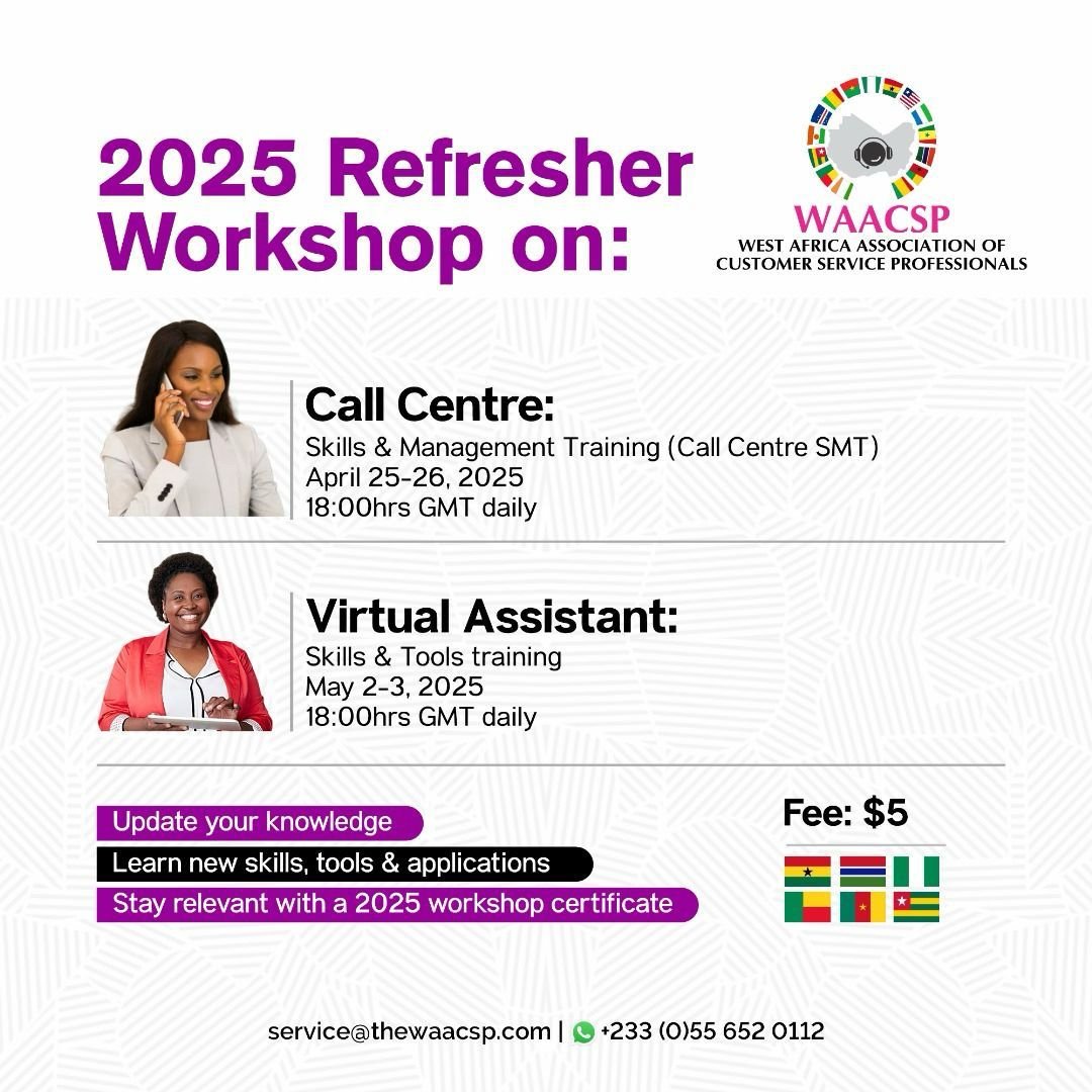 AramideOyekunle's tweet photo. This April -

The annual refresher workshop training on 
-Call Centre skills & management training (Call Centre SMT)
and
-Virtual Assistants Skills & Tools  training (VA-S&T) workshop 
by the West Africa Association of Customer Service Professionals. (@WAACSP)

Will hold April 25-26 and May 2-3.

If you are in customer service, administration and virtual assistance - this workshop will equip you with new skills, tools and updated way to work efficiently. 

It’s a $5 course with a 2025 certificate that shows you are up-to-date

Share this info with your HR and if they aren’t interested, register by yourself 

Details is via this link: https://t.co/xyLmqPCPF1