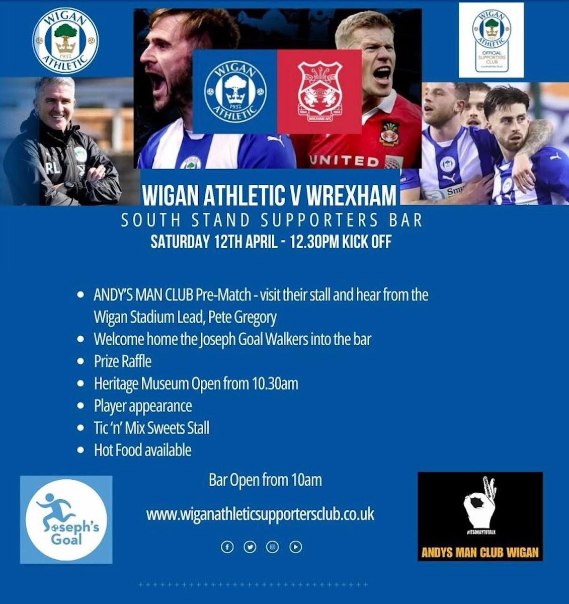 Comedy_Col's tweet photo. If you’re at the match Saturday @Carra23 fancy joining a group of us in South Stand bar for a bit? @andysmanclubuk have got a stand, &amp; doing talk on Men’s Mental Health pre-match with @WiganAthSC. I’ll even buy you a 🍻

It’s okay to talk….👌💙

@LaticsOfficial @Wrexham_AFC https://t.co/uMaa3qNL9o