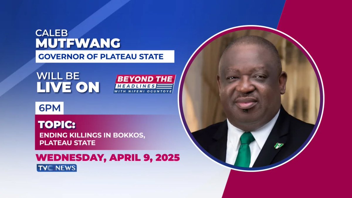 tvcnewsng's tweet photo. Happening Today!
Plateau State Governor Caleb Mutfwang will be live on TVCβs #BeyondTheHeadlines to discuss ongoing efforts to end the killings in Bokkos and restore peace.
Time: 6PM
Donβt miss this conversation on security in Plateau State
#PlateauState #CalebMutfwang #Bokkos https://t.co/EbGhoBYcWX