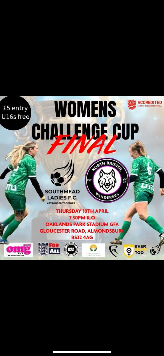 THE BIGGEST GAME IN SOUTHMEAD LADIES HISTORY!!

WOMENS COUNTY CHALLENGE CUP FINAL 🔥

The first team face North Bristol Wanderers in there biggest game to date. 

Oaklands Park Stadium, 10th April, 7.30PM K.O.

LETS MAKE HISTORY! 

Come and support the ladies 🏆

UTM 💚💚