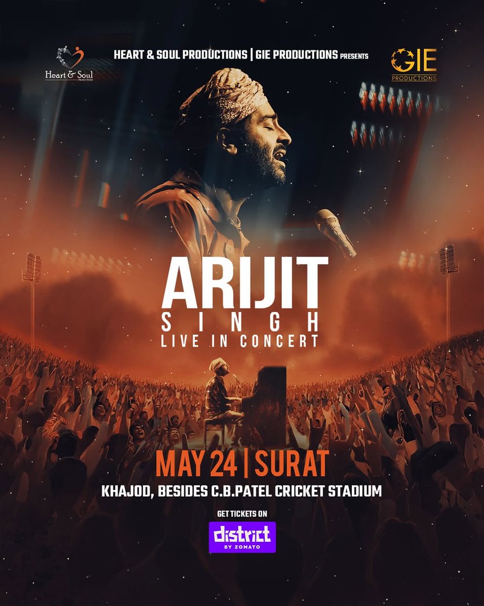 OfficialTMTM's tweet photo. Surat, get ready to feel the "Hawayein" of @arijitsingh's voice on May 24th! 

Ticket link - https://t.co/ioGwvKZJfh

#tmtm #tmexclusive #tmtalentmanagement #ArijitSingh #live #liveinsurat https://t.co/N5mDJUizwk