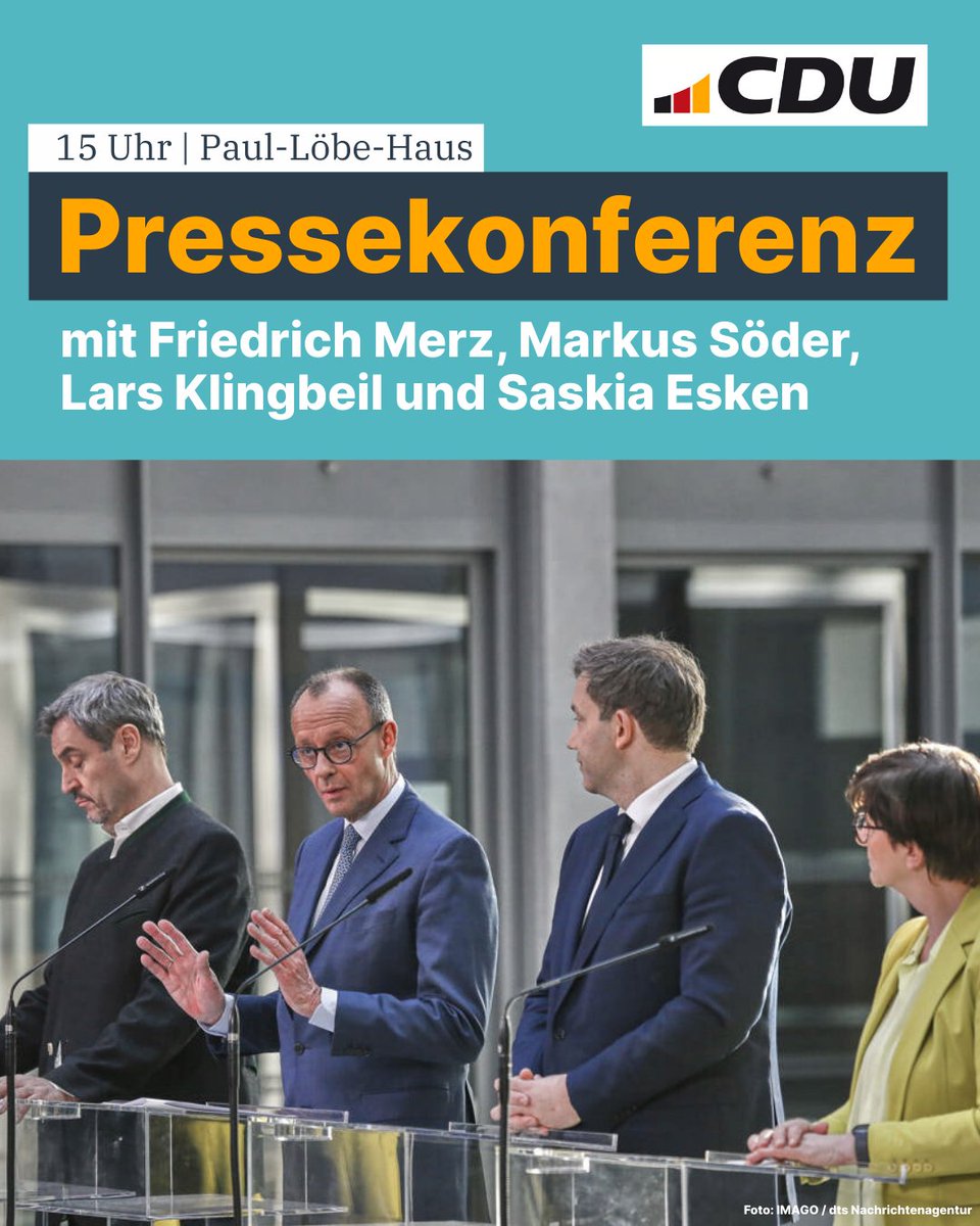 🔴 Heute live aus Berlin: Pressekonferenz zum Abschluss der Koalitionsverhandlungen mit unserem Vorsitzenden <a href="/_FriedrichMerz/">Friedrich Merz</a>, CSU-Chef <a href="/Markus_Soeder/">Markus Söder</a> sowie den SPD-Vorsitzenden <a href="/larsklingbeil/">Lars Klingbeil 🇪🇺</a> &amp; <a href="/EskenSaskia/">Saskia Esken</a>. Ab ca. 15 Uhr live auf X, Facebook, YouTube und cdu.de.