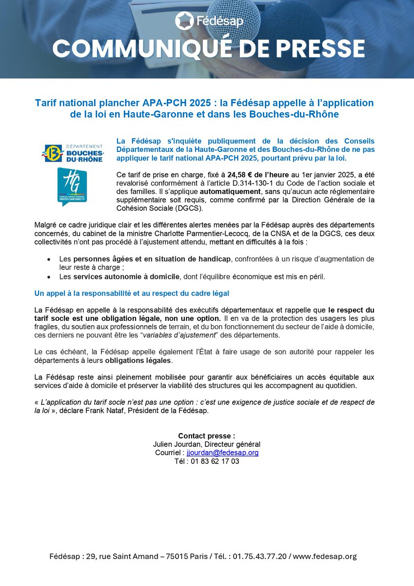 Tarif national plancher APA-PCH 2025 : la Fédésap appelle à l’application de la loi en Haute-Garonne et dans les Bouches-du-Rhône 👉
 
➡️ Télécharger le communiqué de presse : fedesap.org/wp-content/upl…
 
#APA #PCH #Fédésap