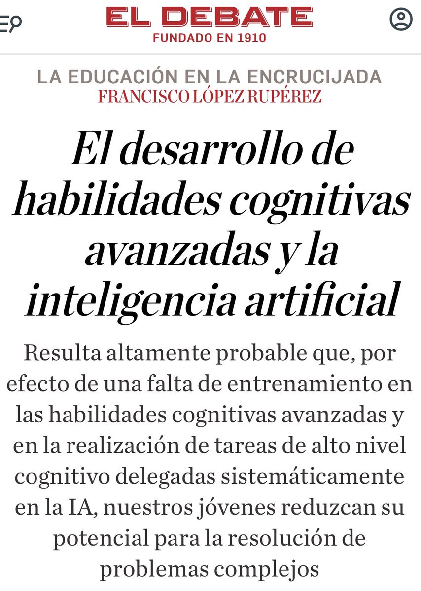 El uso excesivo de la IA en tareas cognitivas avanzadas podría reducir la capacidad de los jóvenes para resolver problemas complejos. Es esencial equilibrar la adopción de la IA con el desarrollo de habilidades cognitivas superiores en los estudiantes. ​Lopez-Ruperez en