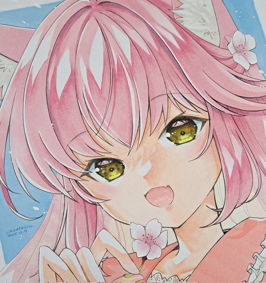 「大色紙、可愛い桜キツネちゃん描けましたー一端個展で飾るか検討中#Happyあわー」|ささつゆ🦊5/5【COMITIA144】H28b📚5/6【A40】参加のイラスト