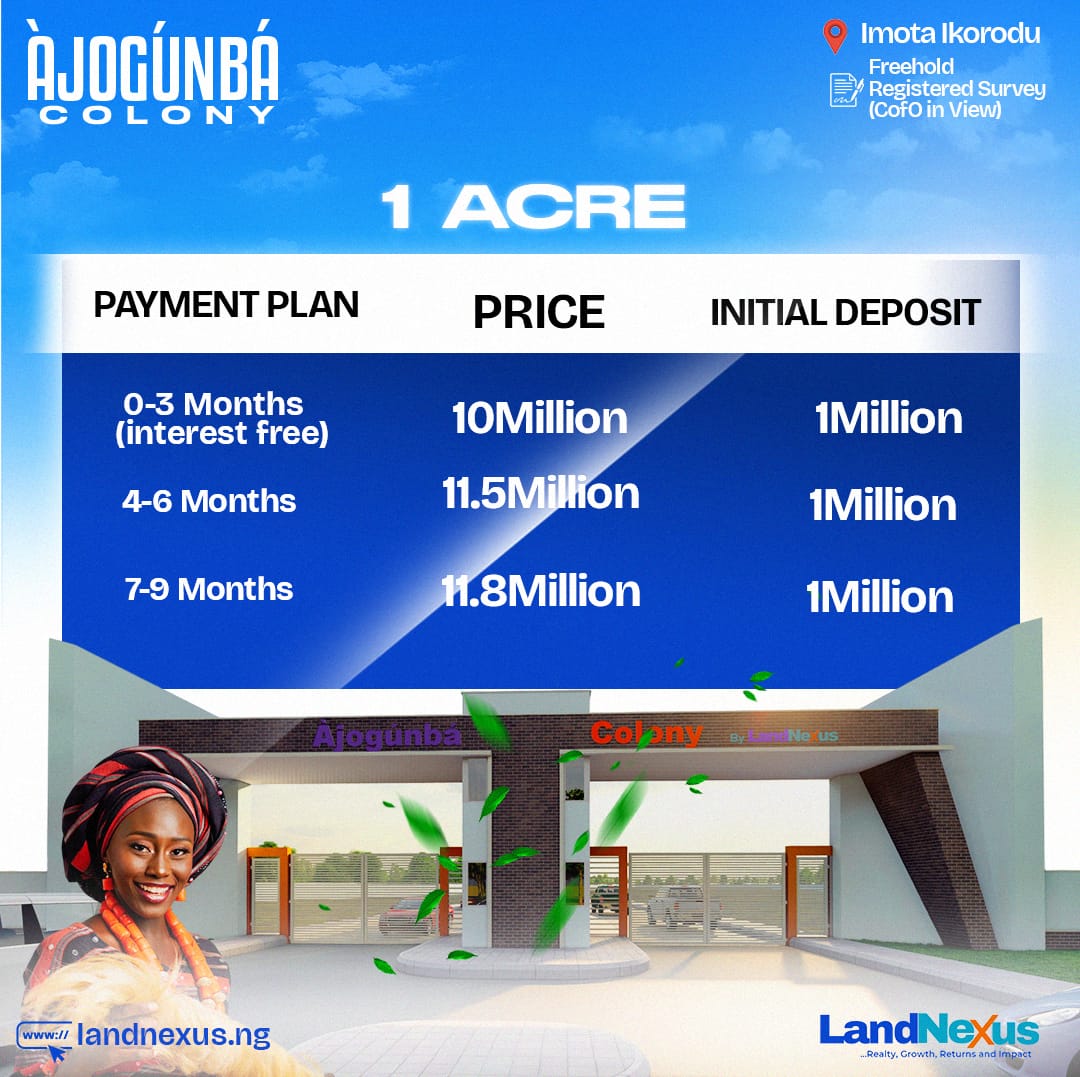 kennyodebode's tweet photo. Take a minute and picture your children running freely on a land that is truly yours
Ajogunba Colony offers you the chance to build a future where your family can thrive
It is more than just land
Give your children more than a home—give them a heritage. Send us a message today! https://t.co/hYpVYqfSz7