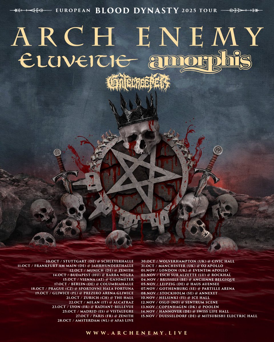#EUROPE - we’re coming back this fall!
It’s been way too long, and we’re beyond excited to hit the road again🤘🏻 
Tickets are flying, and some shows are already close to selling out — if you haven’t grabbed yours yet, now’s the time. Tickets: archenemy.live #archenemy