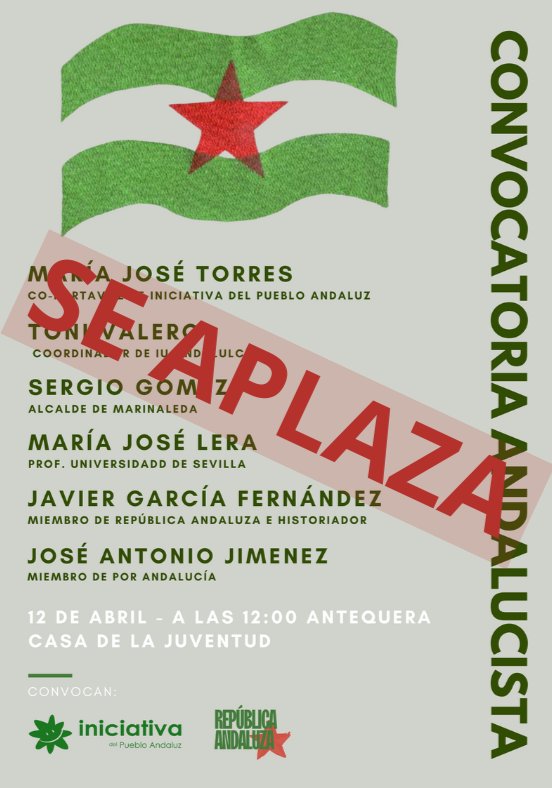 ‼️Informamos que por motivos técnicos queda aplazada la Convocatoria Andalucista  del próximo sábado 12 de abril en Antequera.

Comunicaremos la nueva fecha para el evento.