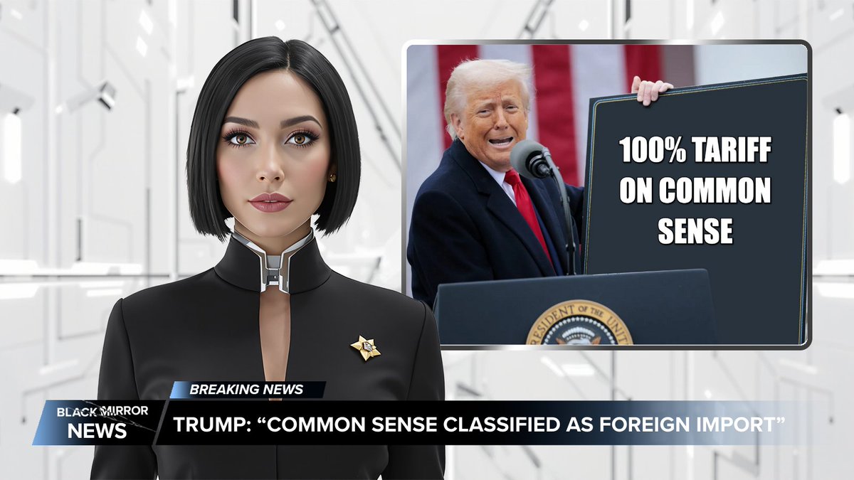 blackmirror_xp's tweet image. BREAKING NEWS: THE TRUMP ADMINISTRATION OFFICIALLY CLASSIFIES COMMON SENSE AS A FOREIGN IMPORT AND ANNOUNCES A 100% TARIFF!
