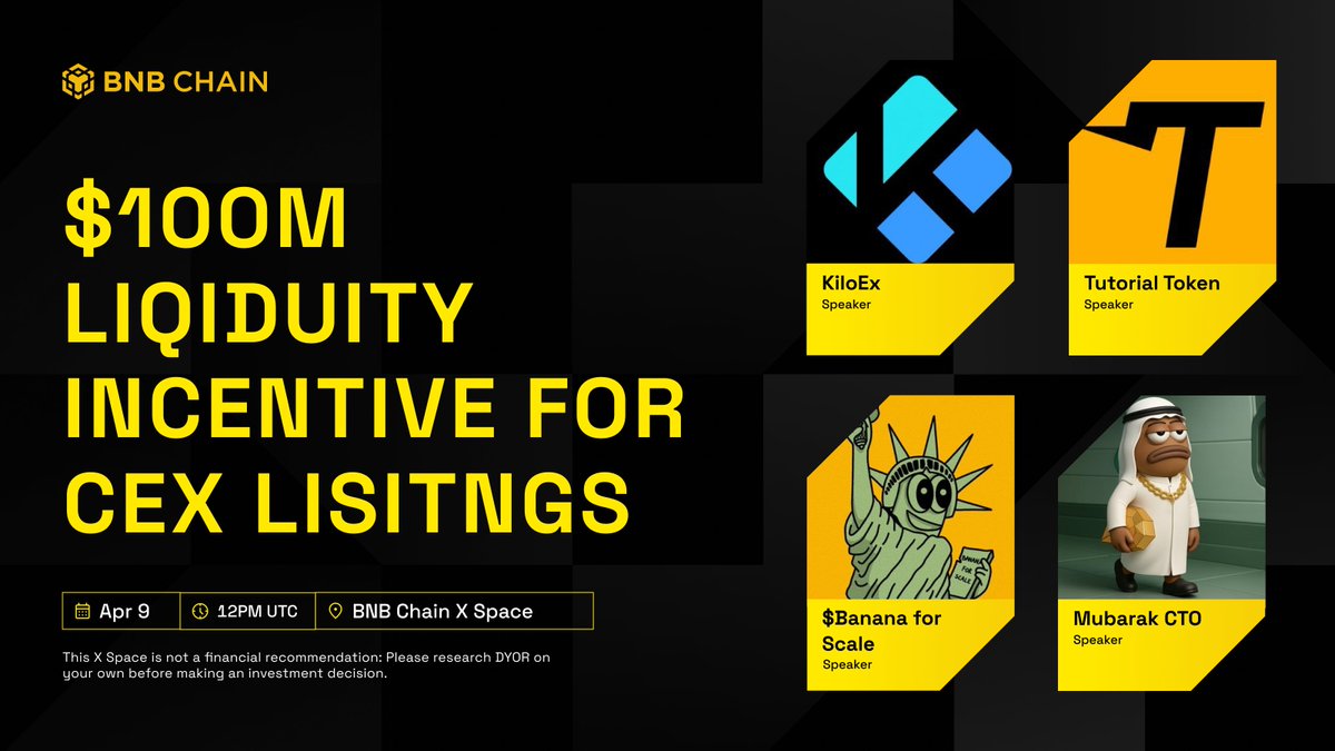 BNBCHAIN's tweet photo. Going live in 1hr to talk all about liquidity &amp; the $100M Liquidity Incentive for CEX Listings with the some of the first batch of reward winners: @KiloEx_perp, @tutorialtoken, @mubarak_cto &amp; @bananaBSC_CN

Join below at 12:00 (UTC) 👇 
https://t.co/l8c3HjU3dx https://t.co/SucJys39v6