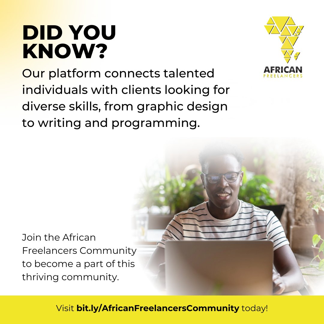 AfriFreelancers's tweet image. Freelancers across Africa are landing amazing graphic design, writing, programming, and more opportunities, and you can too!

Join a thriving community where talent meets opportunity. 

Sign up today at bit.ly/AfricanFreelan…. 

#AfricanFreelancers #FreelancingTips