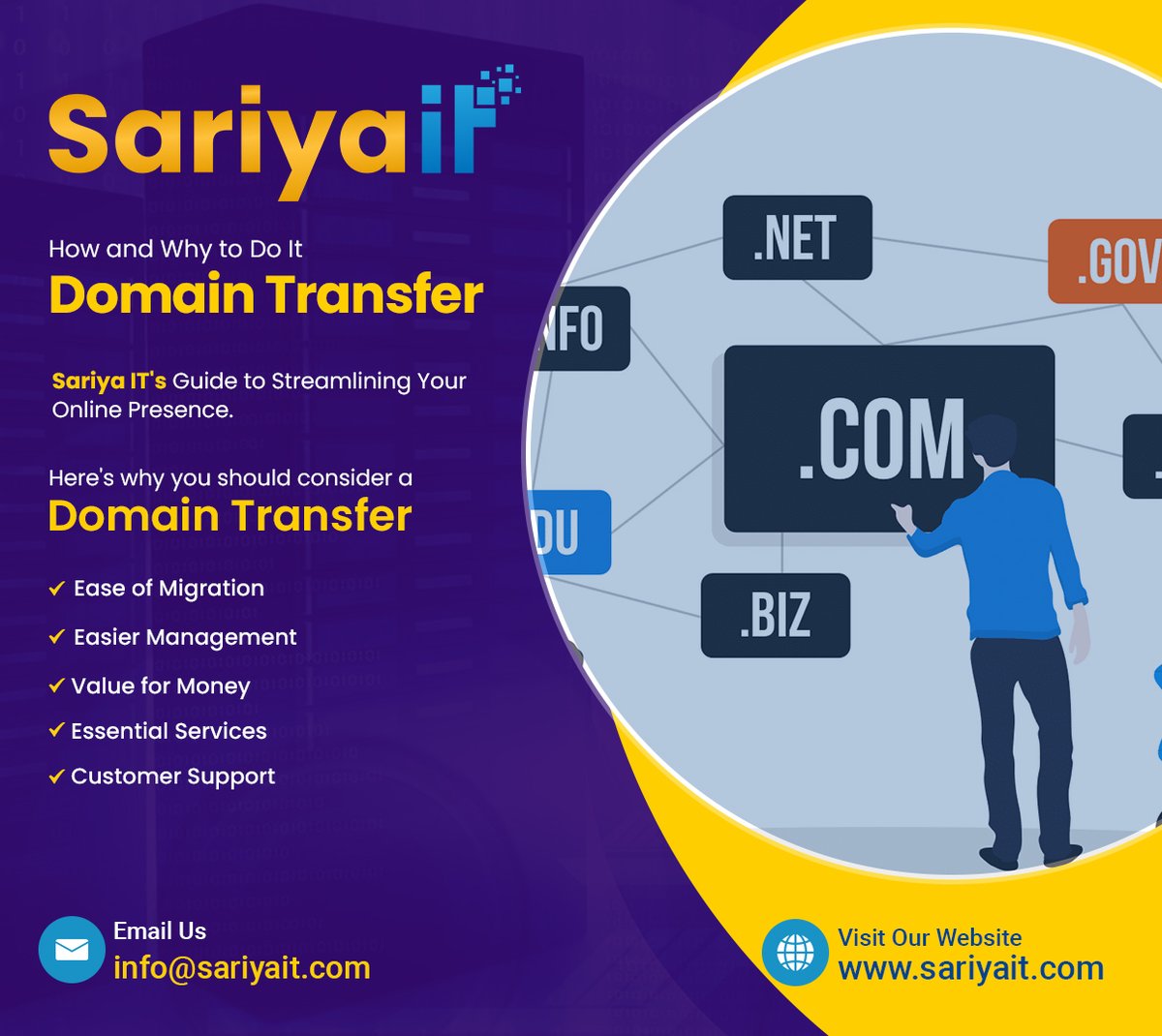 SariyaIt's tweet image. 🌐 Domain Transfer: How and Why to Do It🚀

Need assistance or have questions? Visit sariyait.com or reach out to us via email at info@sariyait.com.

#Sariyait #DomainTransfer #WebsiteEnhancement #OnlineSuccess