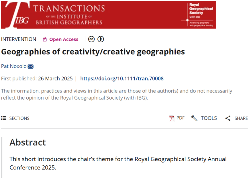 📢New intervention published in TIBG by Pat Noxolo (University of Birmingham) introducing the hair's theme for the Society's Annual International Conference 2025. 📢

'Geographies of creativity/creative geographies'. #OpenAccess

 doi.org/10.1111/tran.7…